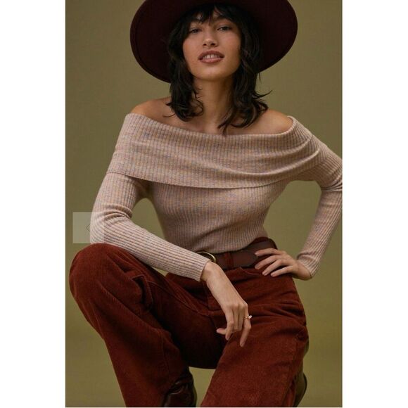 Anthropologie Maeve Women Size Large Off Shoulder Cashmere Sweater Neutral Motif - Picture 1 of 10